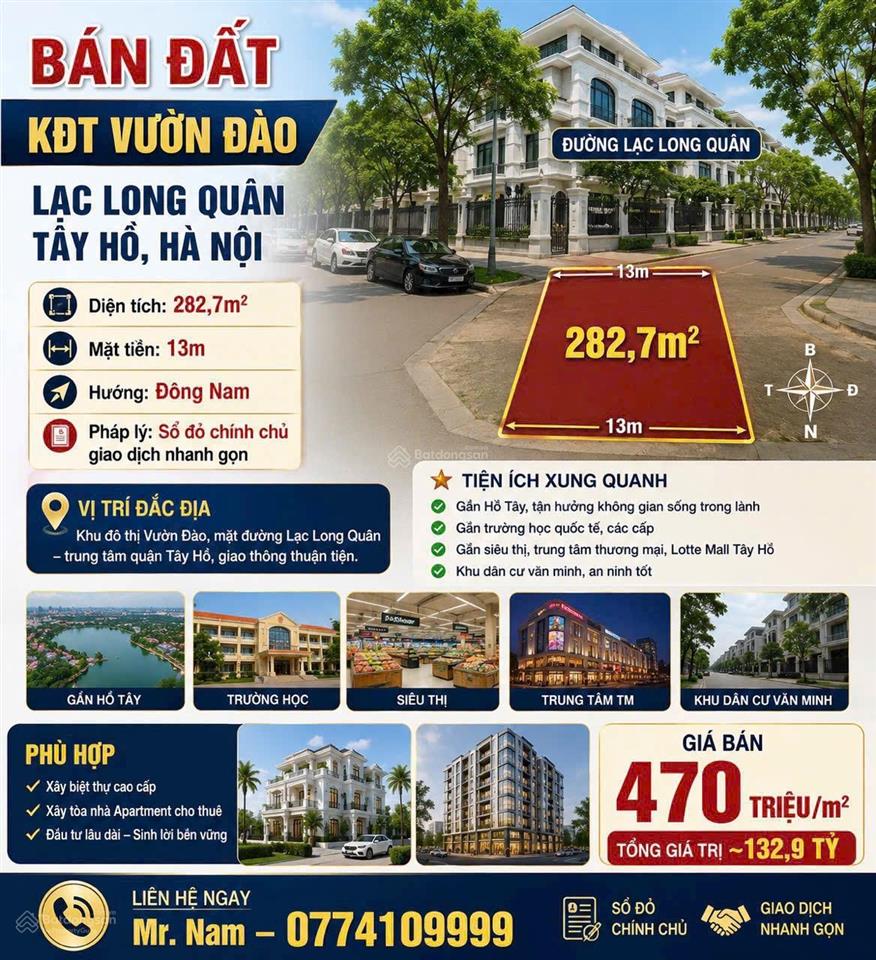 Đất vàng kđt vườn đào 282,7m2 mt 13m mặt đường lạc long quân view biệt thự siêu vip
