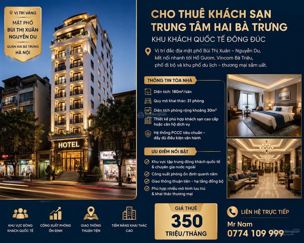 Cho thuê khách sạn 31 phòng mặt phố bùi thị xuân trung tâm hà nội  full nội thât