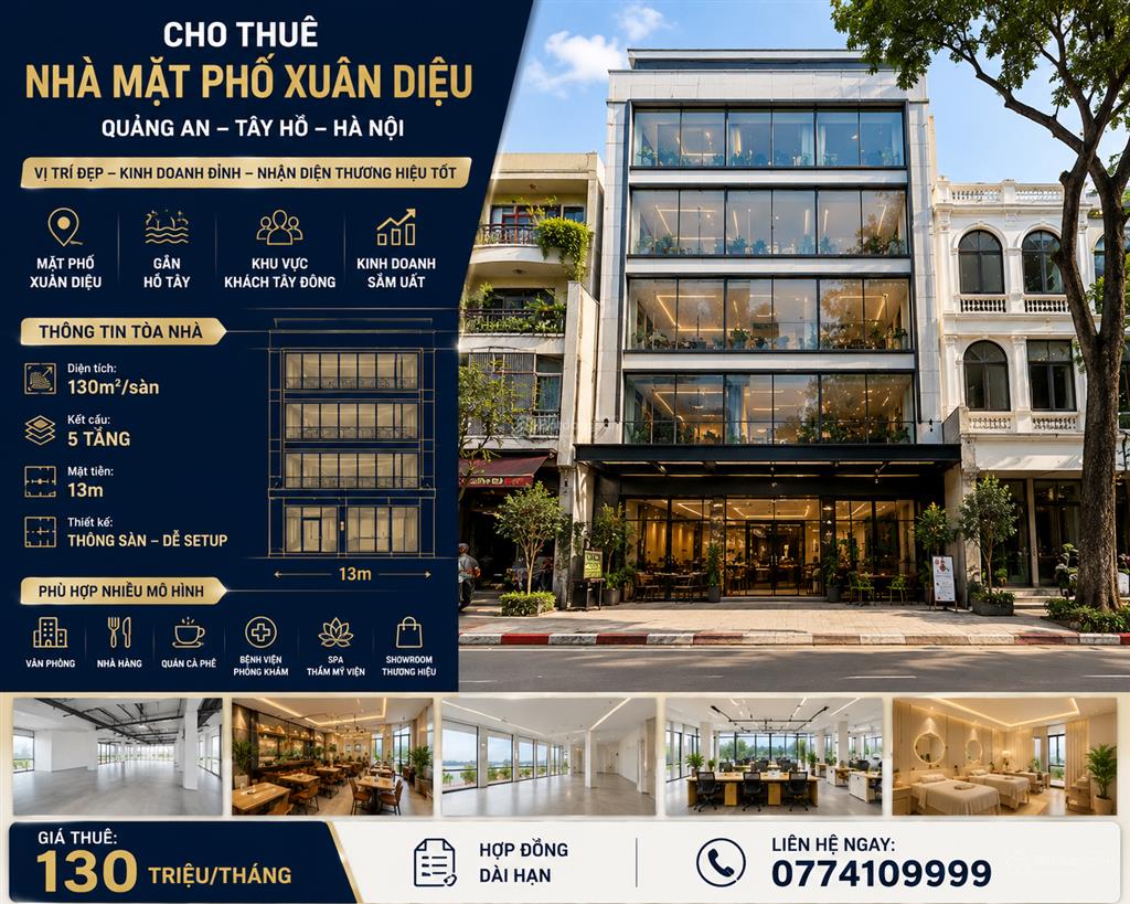 Cho thuê nhà mặt phố xuân diệu 130m x 5 tầng, mt 13m, vew hồ tây  phố tây giá 130 tr/thang