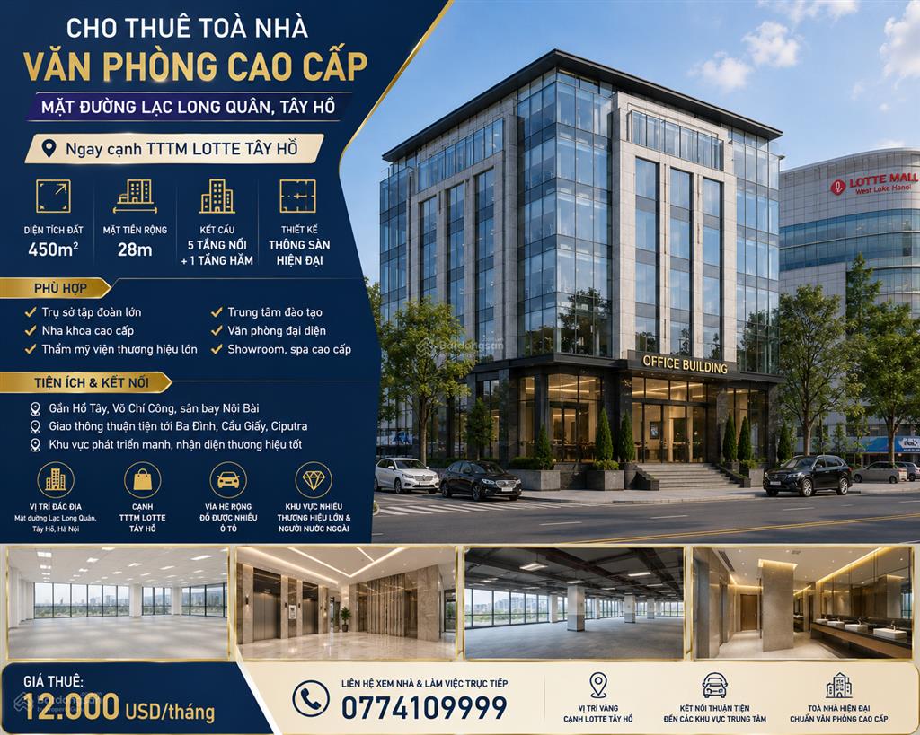 Cho thuetoà nhà văn phòng 450m/sàn 5 tầng cạnh lotte tây hồ mặt phố lạc long quân tây hồ hà nội