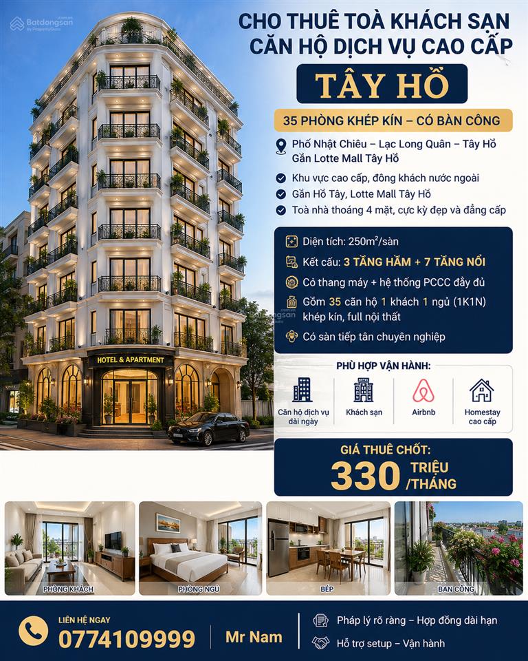 Cho thuê toà khách sạn 250m/sàn 3 hầm + 7 tầng nổi 35 phòng ban công phố nhật chiêu, tây hồ hn
