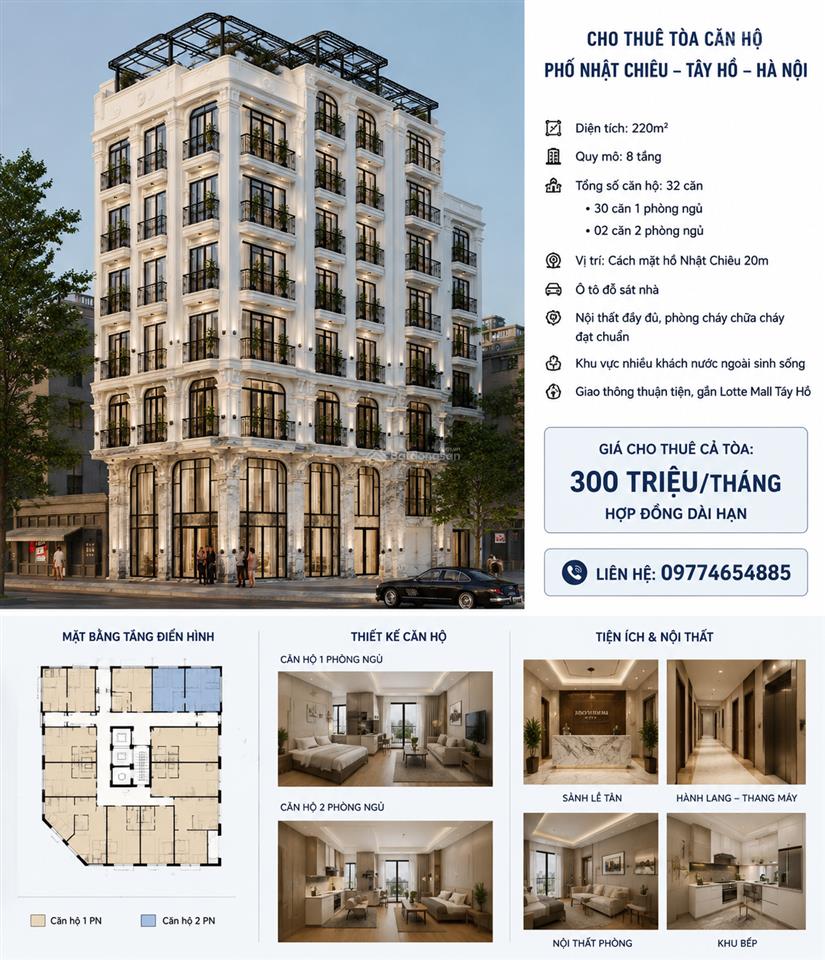 Cho thuê tòa căn hộ  220m2  8 tầng 32 phòng  full đồ  phố nhật chiêu  tây hồ  hn