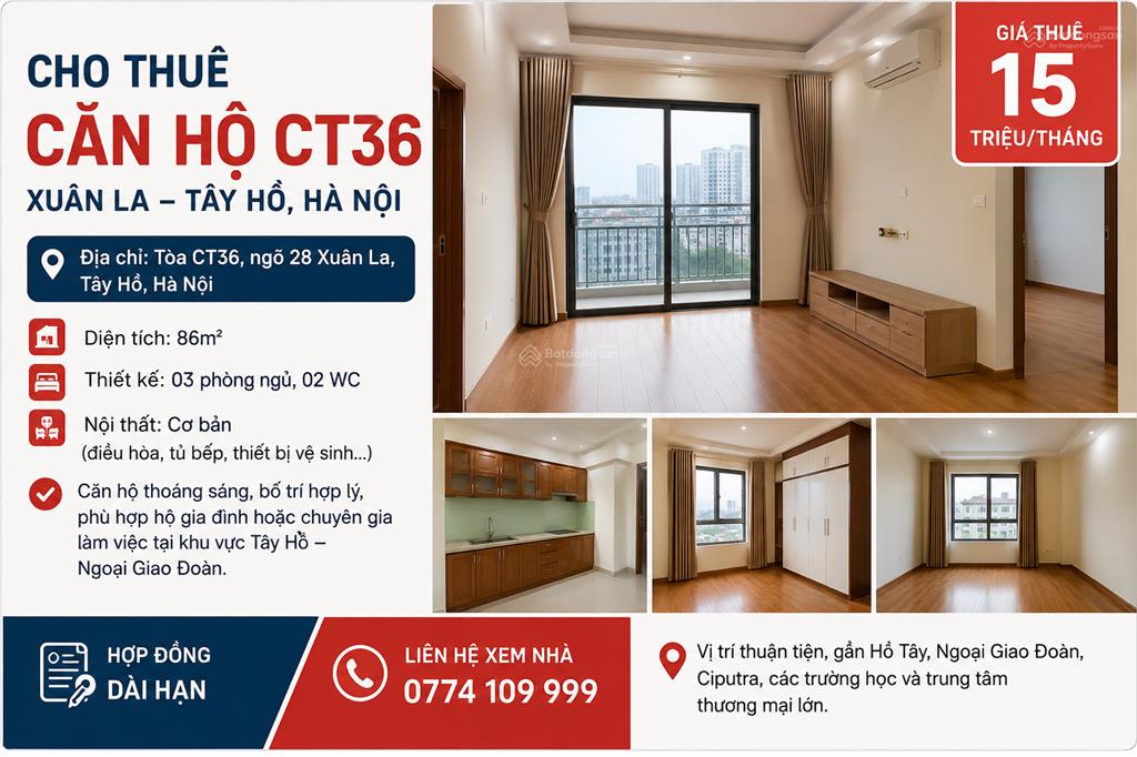 Cho thuê căn hộ ct36 xuân la, tây hồ, 86m, 3pn, 2wc, nội thất cơ bản, giá 15 triệu/tháng