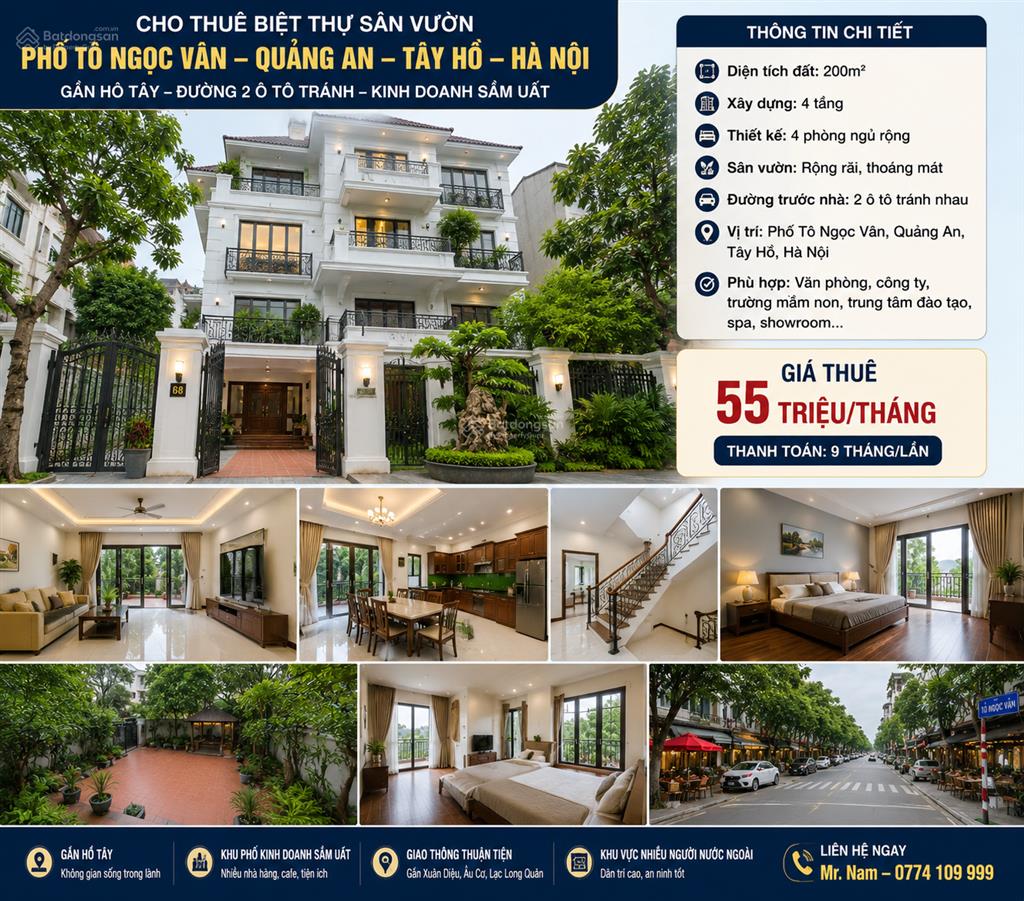 Cho thuê biệt thự sân vườn tô ngọc vân 200m 4 tầng giá 55 triệu/tháng