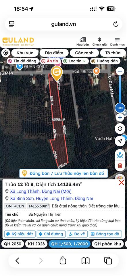 Bán lô đất 1,4 ha, mặt tiền đường cầu mên, xã bình sơn cũ, nay là xã long thành, đồng nai
