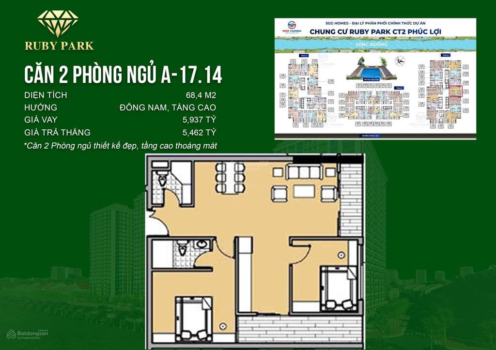 Bán cc ruby park, phúc lợi, 3,95 tỷ, 71m2, 2pn, 2wc, giá siêu hời