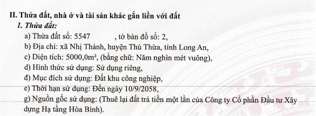 Bán đất kcn hòa bình tại nhị thành, thủ thừa, long an, 26 tỷ, 5000m2