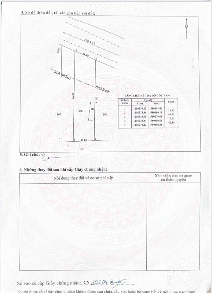 Mt tỉnh lộ 2, dt 11,89 * 46 = 487m2 có sẵn 120m2 thổ. ngay trung tâm. giá chỉ 6tỷ5.  0973 610 ***