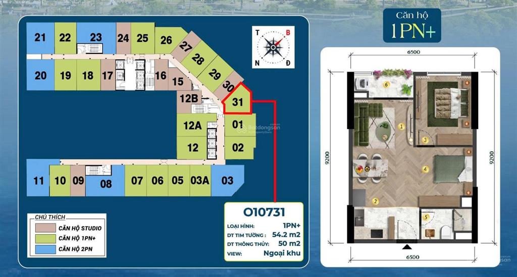 Căn góc (o10731) 1pn+ tầng 7 | diện tích 54.2 m onsen 1 charmora city | view ngoại khu siêu thoáng