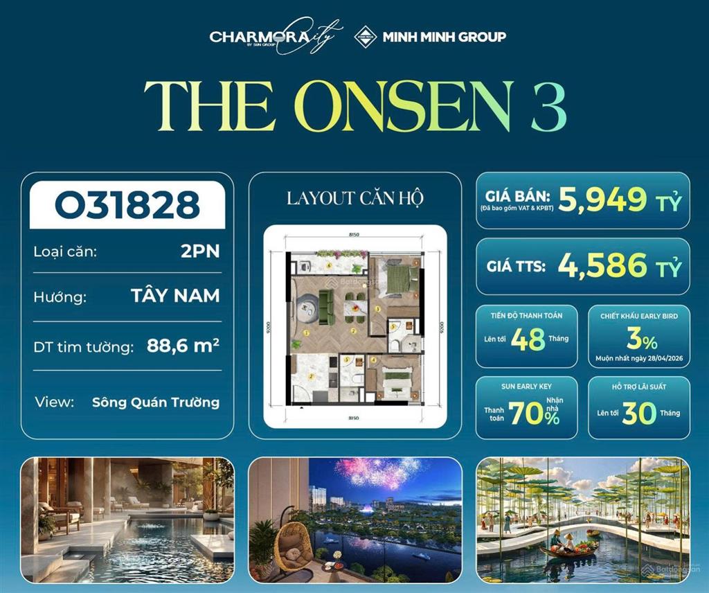 View sông căn hộ 2pn rộng 88.6m2 tại the onsen 3 tổ ấm nghỉ dưỡng chuẩn nhật cho cả gia đình