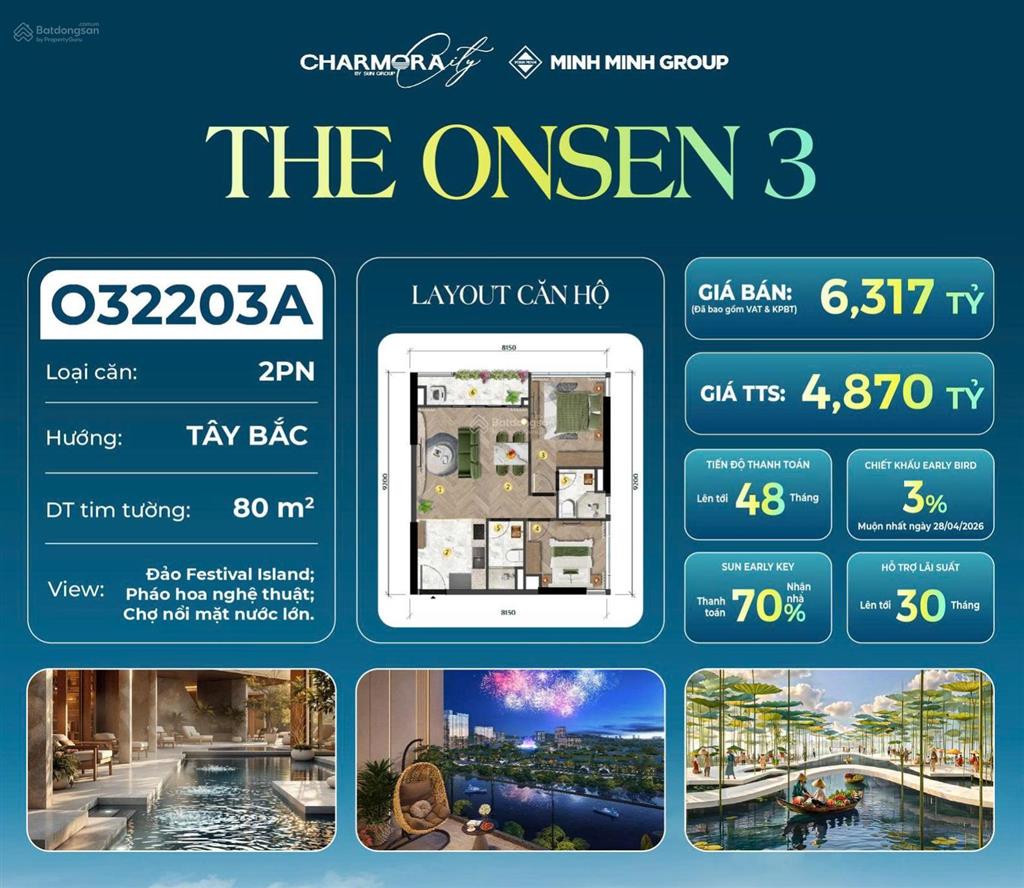 [sống nghỉ dưỡng tăng cường sức khỏe] bán căn 2pn 80m the onsen 3  tầm view pháo hoa đỉnh cao!