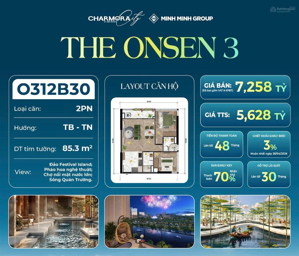 Căn hộ 2pn the onsen 3 (85.3m) view pháo hoa & sông quán trường giá thanh toán sớm chỉ 5.6 tỷ!