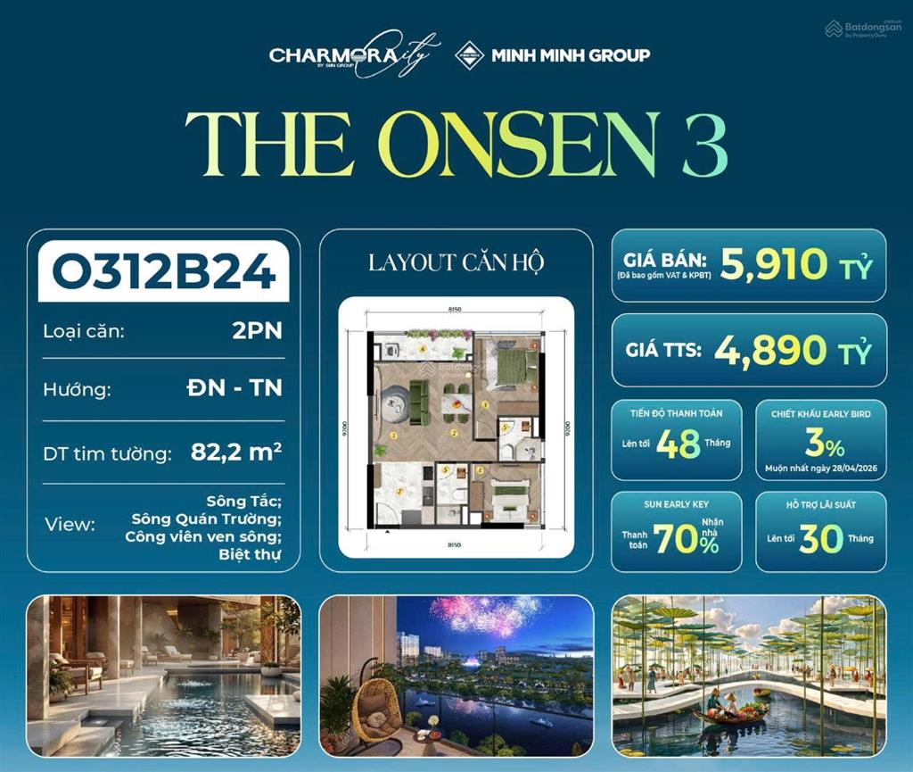 Căn góc 2pn (0312b24) the onsen 3  view kép 2 dòng sông  ưu đãi khủng chiết khấu thẳng 1 tỷ đồng!