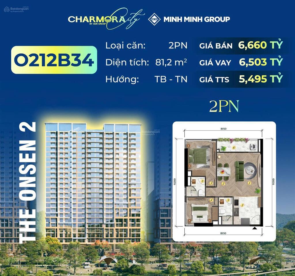 [chiết khấu 1.1 tỷ] căn góc (0212b34) 2pn tòa the onsen 2  charmora city  view sông
