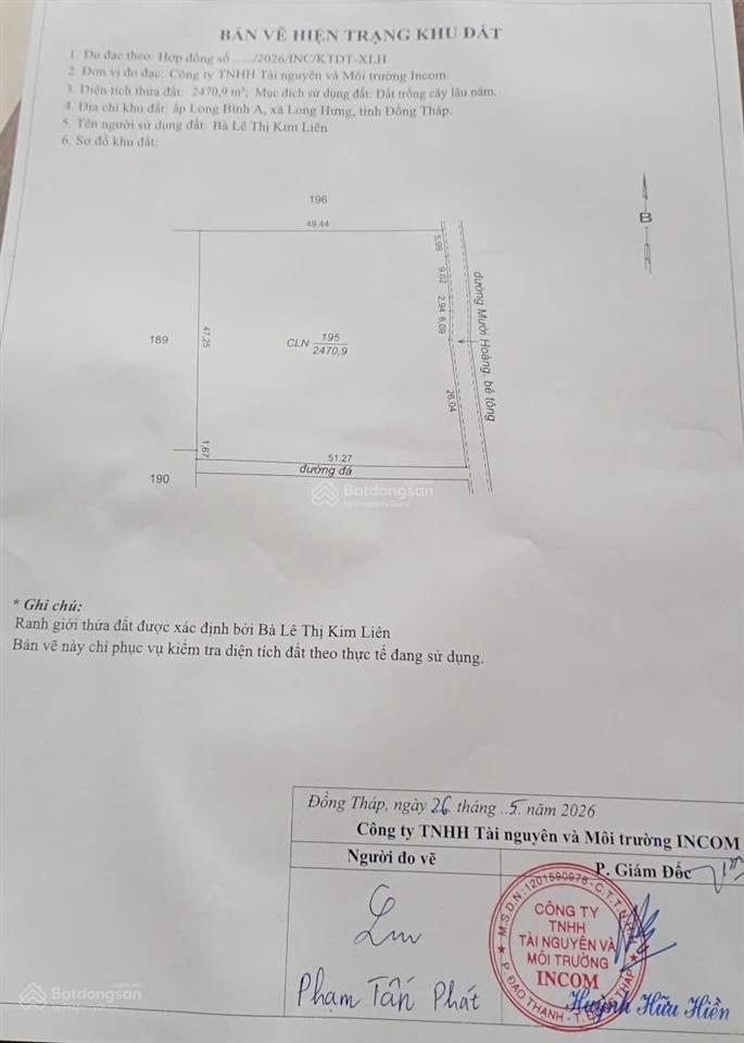 Bán đất 2 mặt tiền, dt 47x50m đường betong 5m thuộc long hưng, châu thành. giá 6,345 tỷ