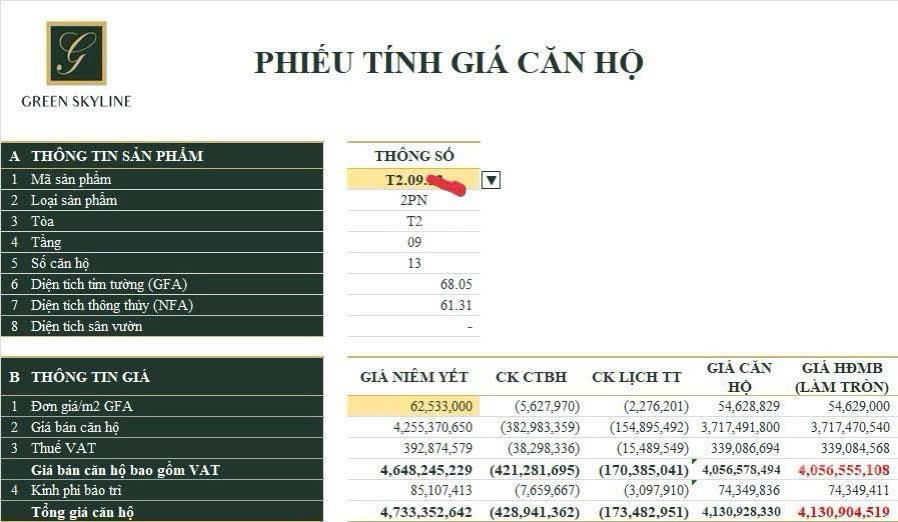Căn hộ đã xây xong green skyline  mua hàng cđt góp 14 tháng & htl vay. căn 2pn tầng 9 giá 3ty8