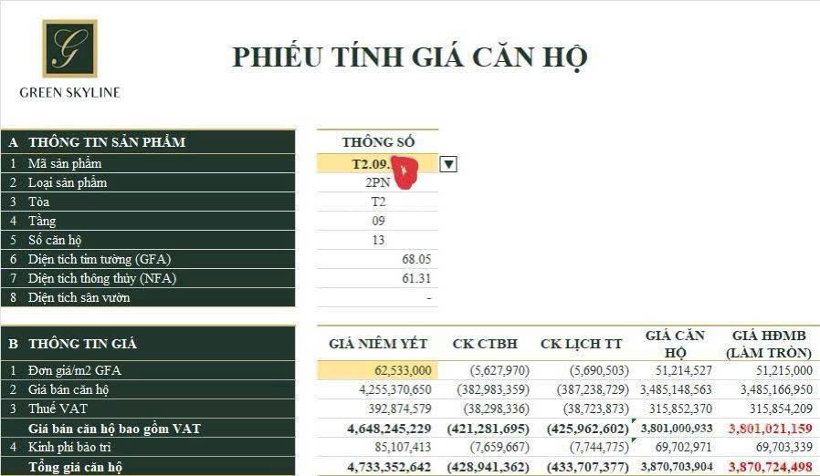 Căn hộ đã xây xong green skyline  mua hàng cđt góp 14 tháng & htl vay. căn 2pn tầng 9 giá 3ty8