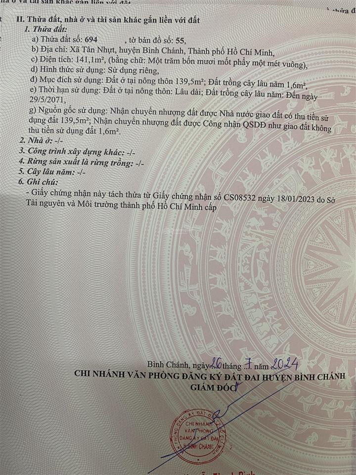 Bán đất đường tân long,xã tân nhựt, bình chánh, tphcmsổ hồng riêng đất ở nông thôn pháp lý rõ ràng