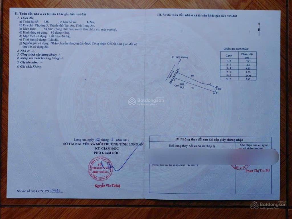 Đất trung tâm, hẻm 54 đường hùng vương p3 tp tân an