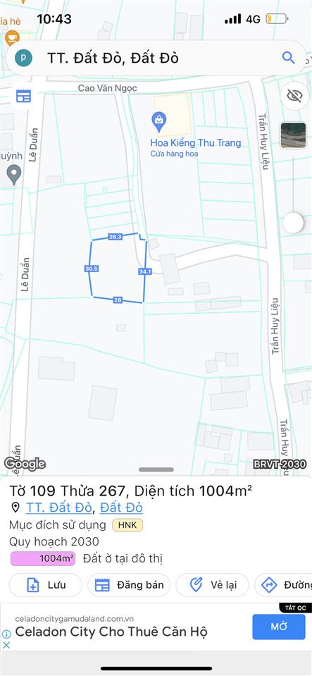 Bán đất tại thị trấn đất đỏ, long đất, bà rịa vũng tàu, 4,5 tỷ, 1004 m2, thổ cư 200m2