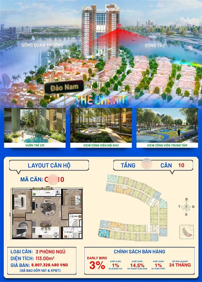 Căn góc 3pn ch10  105m2 view sông, view pháo hoa view biệt thự charmora city nha trang chỉ 8,734tỷ