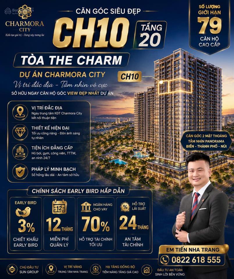 Căn góc 3pn ch10  105m2 view sông, view pháo hoa view biệt thự charmora city nha trang chỉ 8,734tỷ