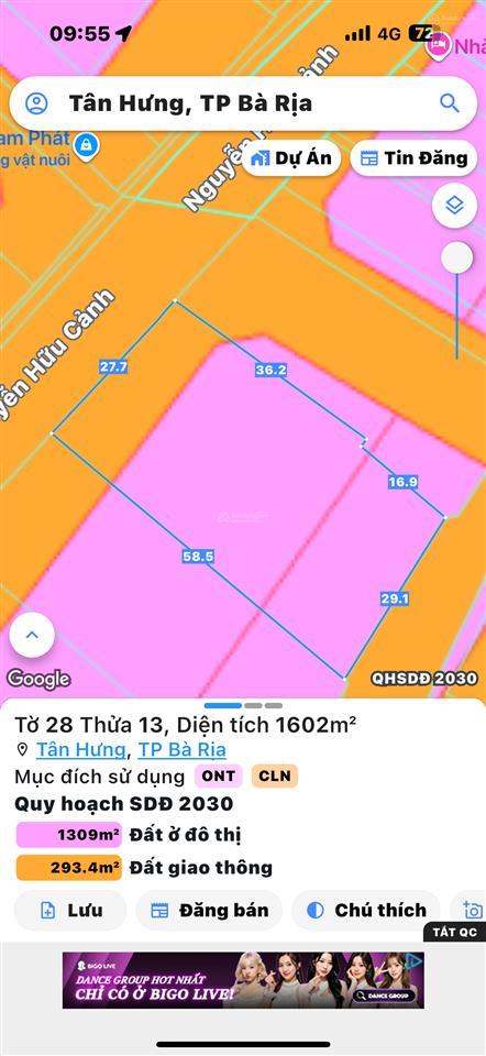Chủ gửi bán 1600mv có 300tc p. long hương tp hcm 27x58m hai mặt tiền trước sau có thể tách 6 lô bt