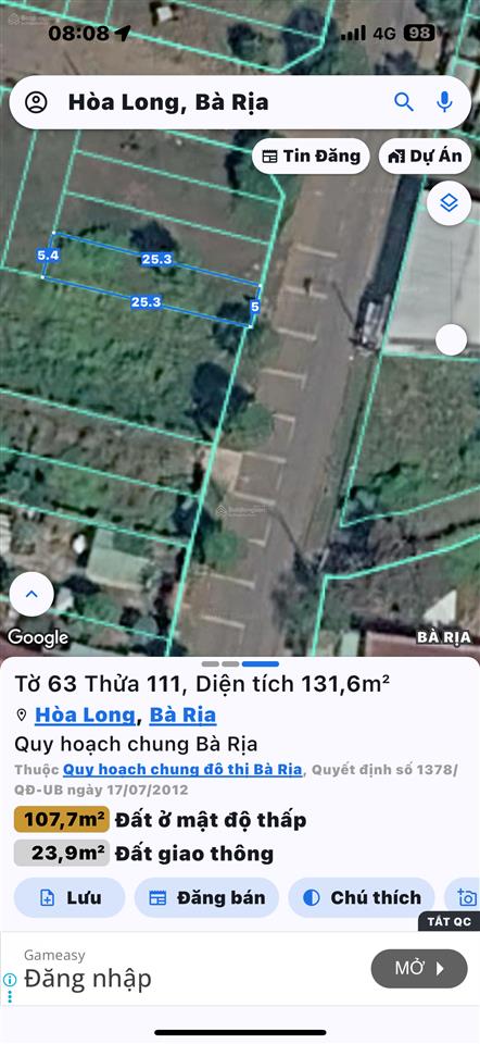 Chủ gửi bán lô đất mt hương lộ 2 hoà long 5x25m có 70m2 tc đường nhựa vỉa hè 30m giá chỉ 2 tỷ 25