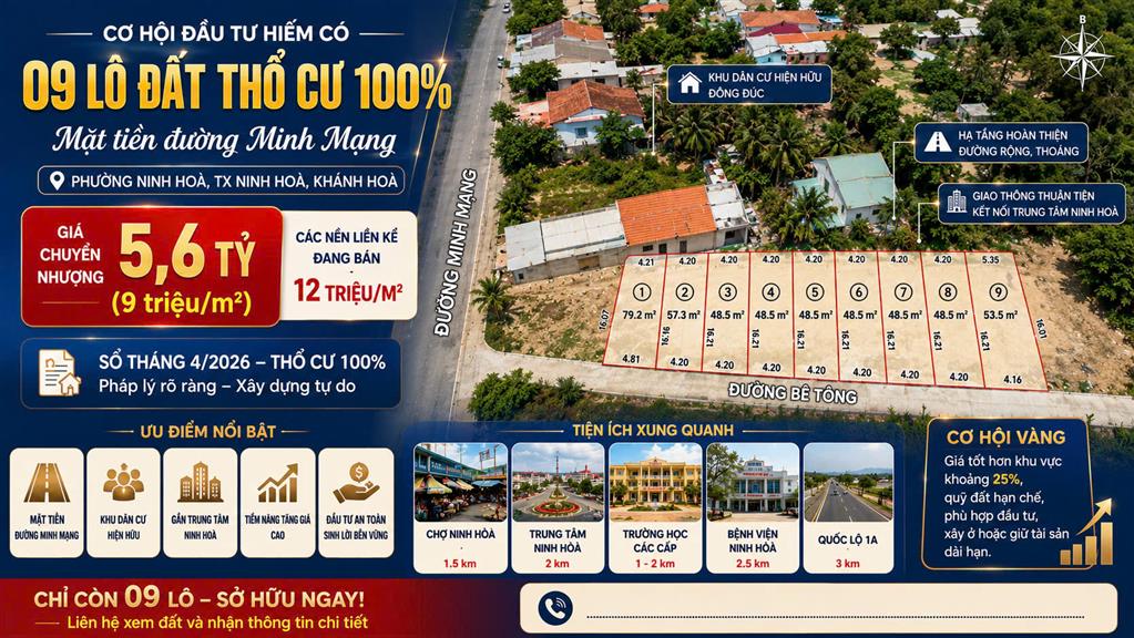 Bán sĩ 9 lô Phường Ninh Hòa - Khánh Hòa,  đất thổ cư đường Minh Mạng