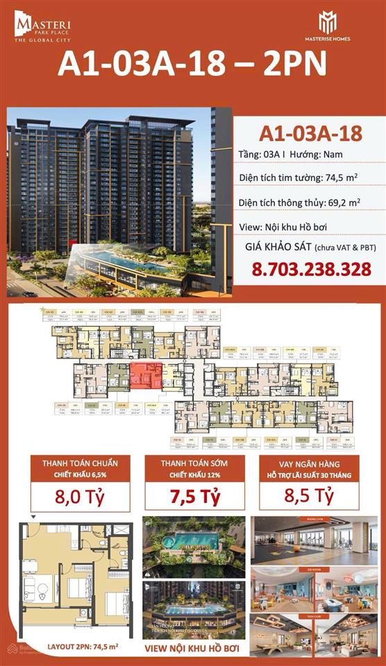 Bán lỗ 300 triệu căn hộ 2pn 2wc masteri park place the global city quận 2