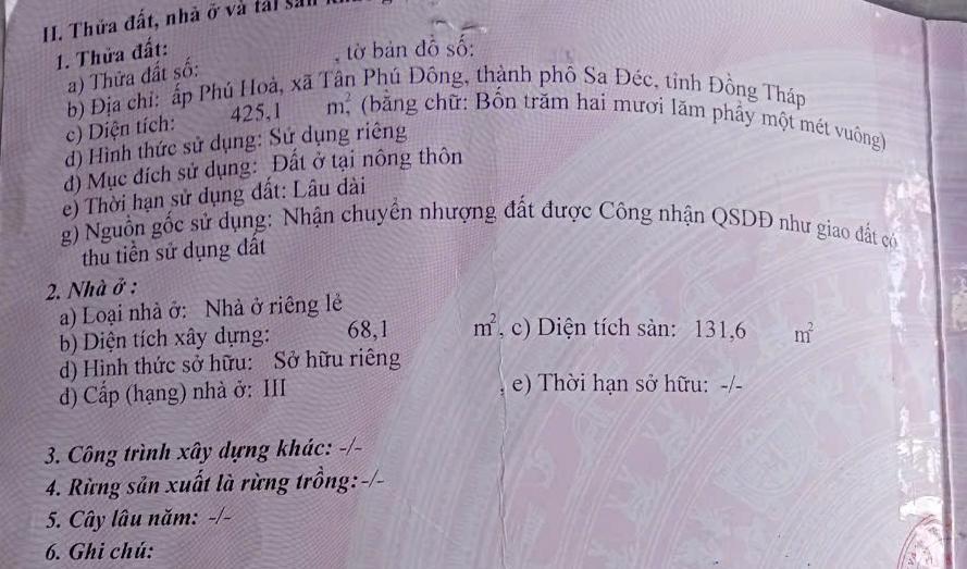 Bán đất thổ cư 425m2 đường Lê Hồng Phong, P.Tân Phú Đông, TP Sa Đéc, Đồng Tháp. Sổ hồng,