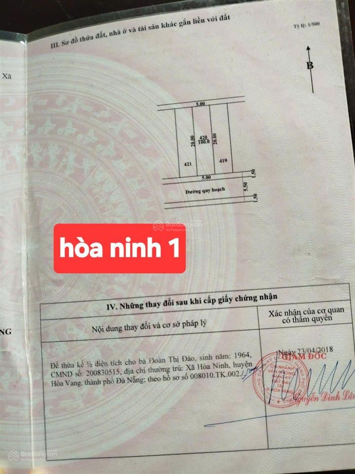 Bán đất đẹp tái định cư hòa ninh 1xã hòa ninhhòa vangđà nẵng. dt. 100m2. đường 5m5. giá 2,1 tỷ
