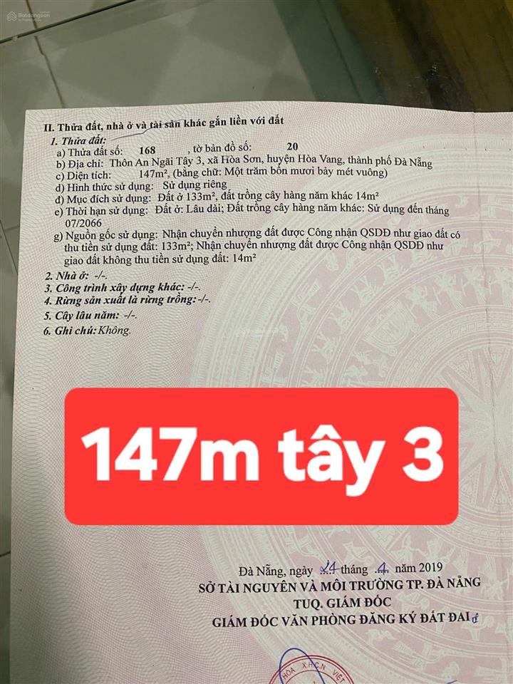 Bán đất kiệt tổ dân phố an ngãi tây 3  phường hòa khánh  tp đà nẵng 147m2 1tỷ5