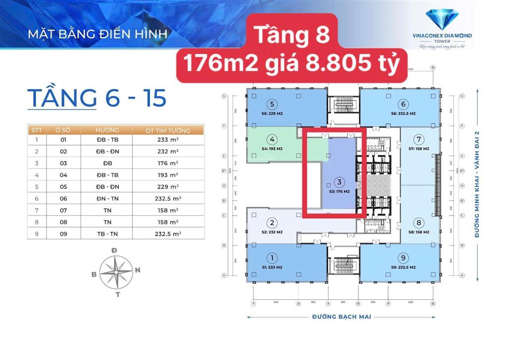 Chuyển nhượng ô vp 158m2, 2 cửa, 8,805 tỷ hỗ trợ giải ngân 3 bên