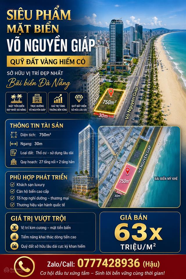 Chính chủ cần bán lô đất mặt biển võ nguyên giáp xây được 27tầng 2 hầm, sơn trà, đà nẵng