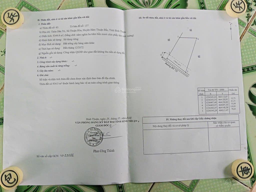 Bán 4 mẫu đất mặt tiền đt 711 hàm thuận bắc giá 300/sào