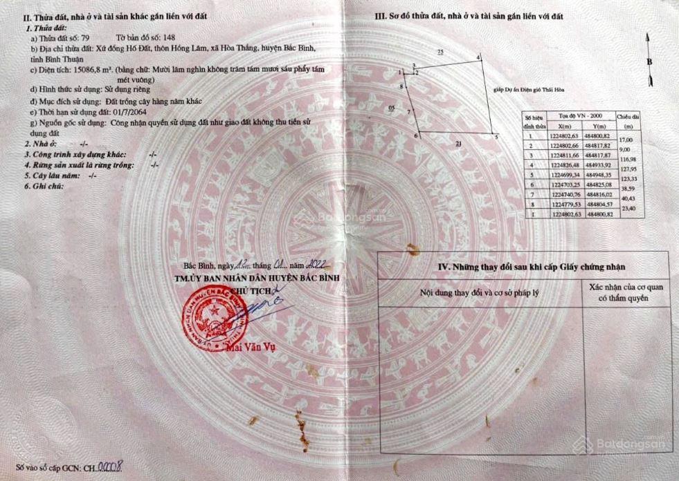 Bán gấp đất 15086.8m2 tại xã hoà thắng, huyện bắc bình, bình thuận, giá 4,5 tỷ