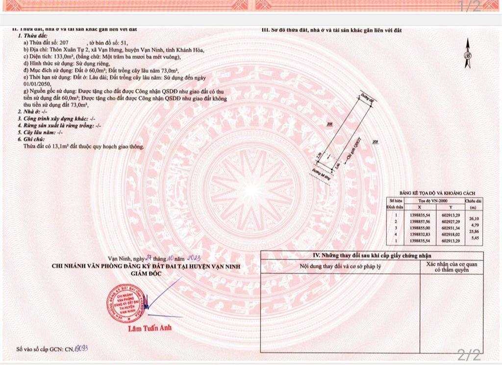 Bán lô đất 2 mặt tiền trước sau thôn xuân tự 2vạn ninh khánh hòa
dt 133m ngang5.4m