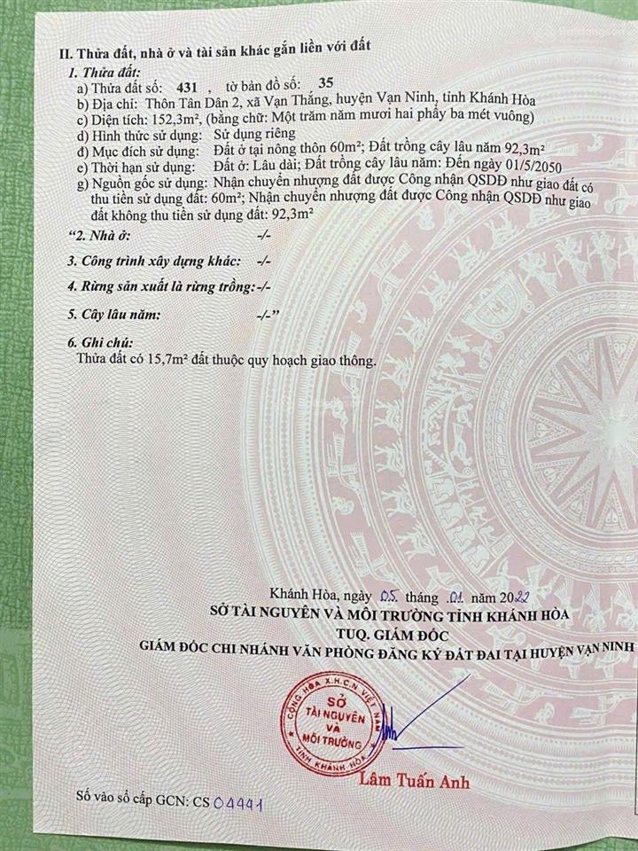 Bán lô đất tân dân 2, vạn thắng, khánh hòa. dt 152.3m2 ngang 5m. đường ô tô 6m7m tận nơi