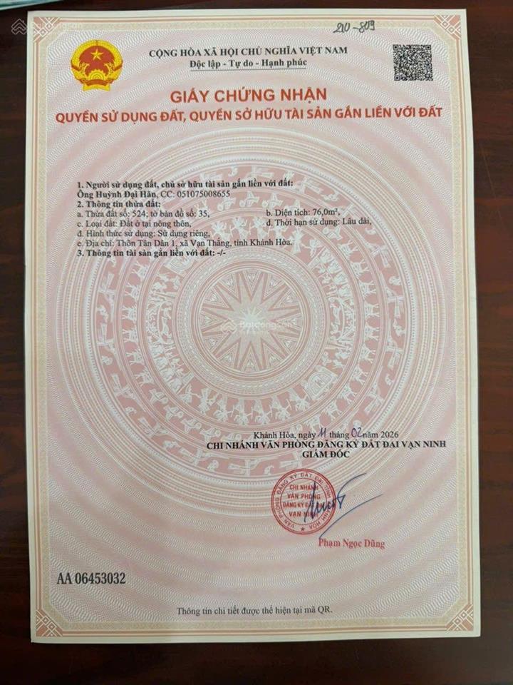 Bán lô đất tân dân 1, vạn thắng, khánh hòa. 76m2 full thổ. đường ô tô 6m giá tốt chỉ 15.5tr/m