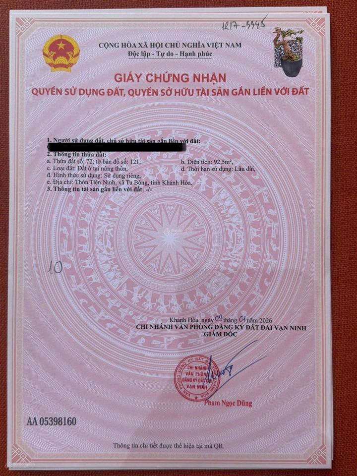 Thửa 72 tờ 121
bán đất thôn tiên ninh, xã tu bông, khánh hòa. dt 92,5m2 ( ngang 5m dài 18m) ont