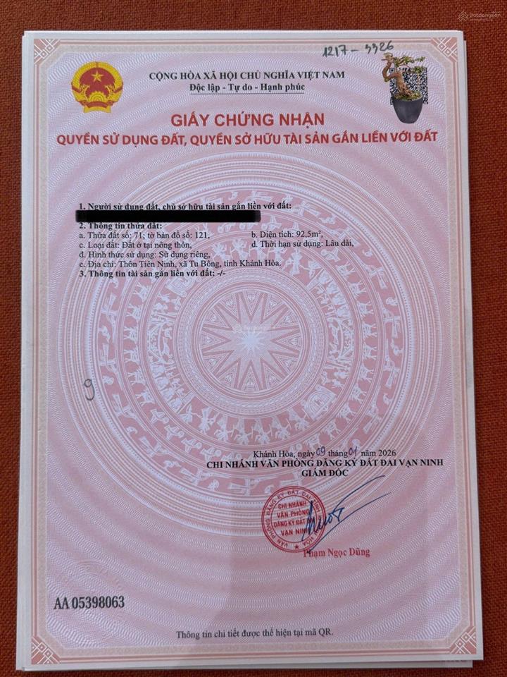 Đất thôn tiên ninh, xã tu bông, khánh hòa.đường đất rộng 5m 6m.khu dân cư hiện hữu.