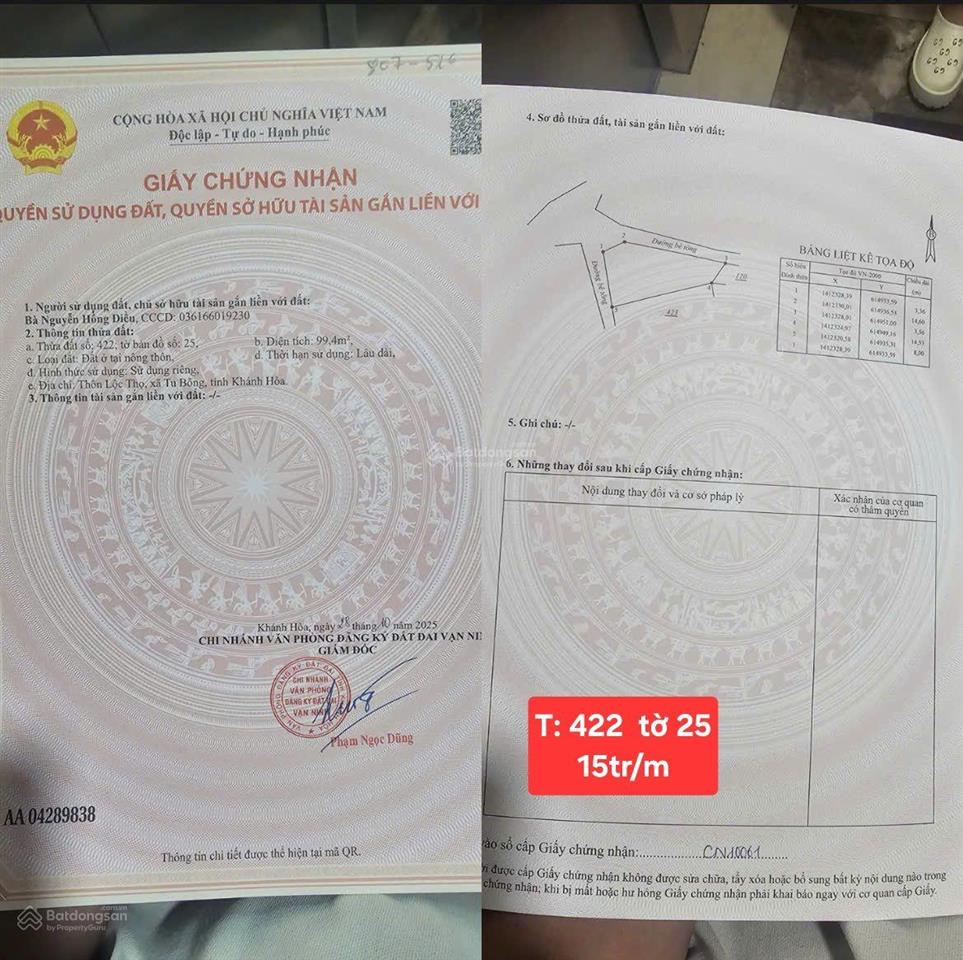 Thửa 422 tờ 25. bán lô đất thôn lộc thọ tu bông. ngay khu dân cư. full thổ 99.4m2 giá chỉ 15tr/m