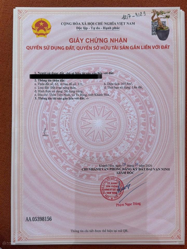 Bán đất thôn tiên ninh, xã tu bông, khánh hòa chỉ 16trm2