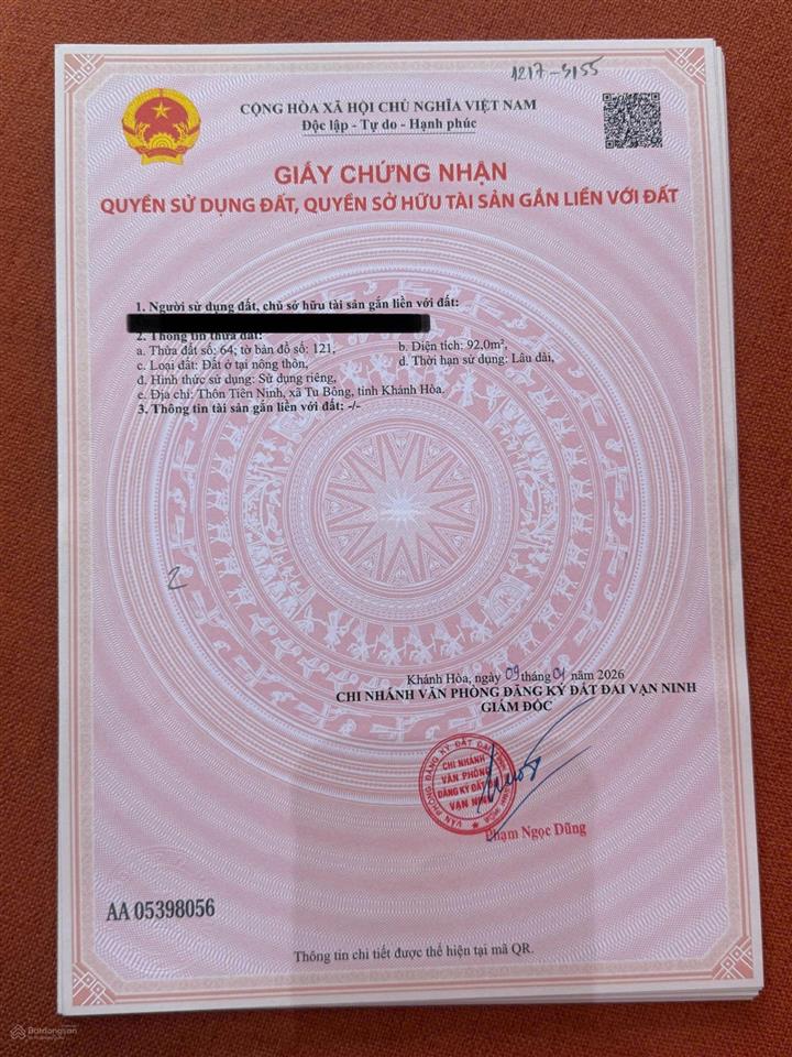Bán đất thôn tiên ninh, xã tu bông, khánh hòa giá 16tr(92m2)
