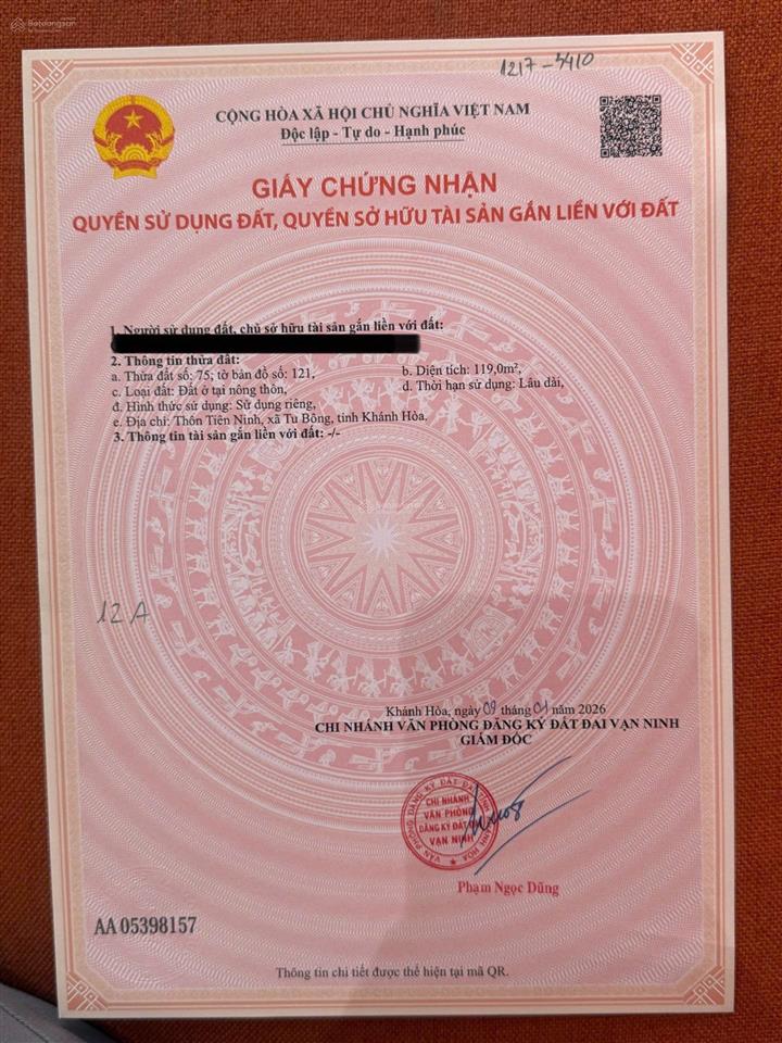 Thửa 75 tờ 121. bán đất thôn tiên ninh, xã tu bông, khánh hòa. dt 119m2 (ngang 5m)