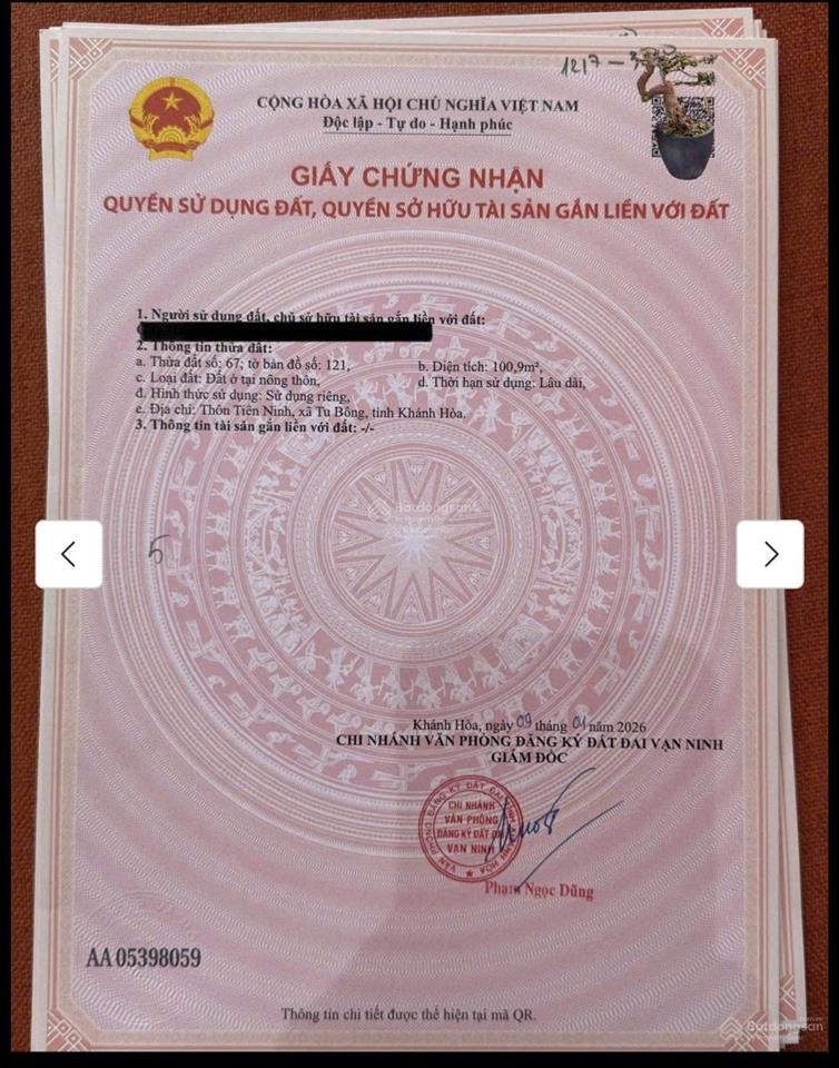 Thửa 67 tờ 121.bán đất thôn tiên ninh, xã tu bông, khánh hòa. đường ô tô tận nơi