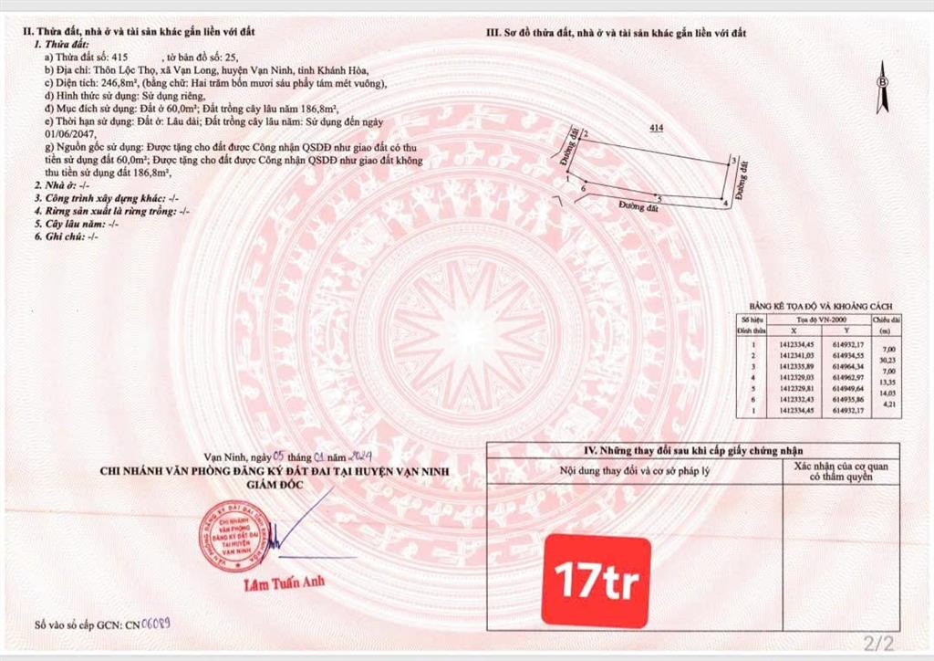 Bán đất thôn lộc thọ  vạn long  tu bông dt 246,8m2. giá chỉ 17tr/m²