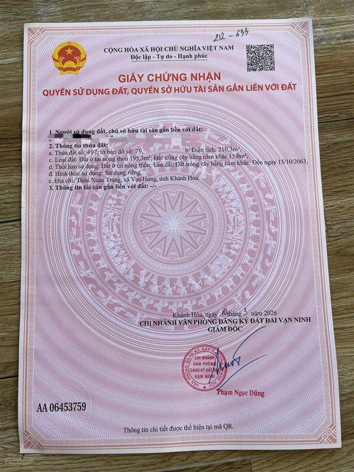 Bán đất thổ cư vạn hưng  vạn ninh thôn xuân trang, xã vạn hưng, vạn ninh, khánh hòa