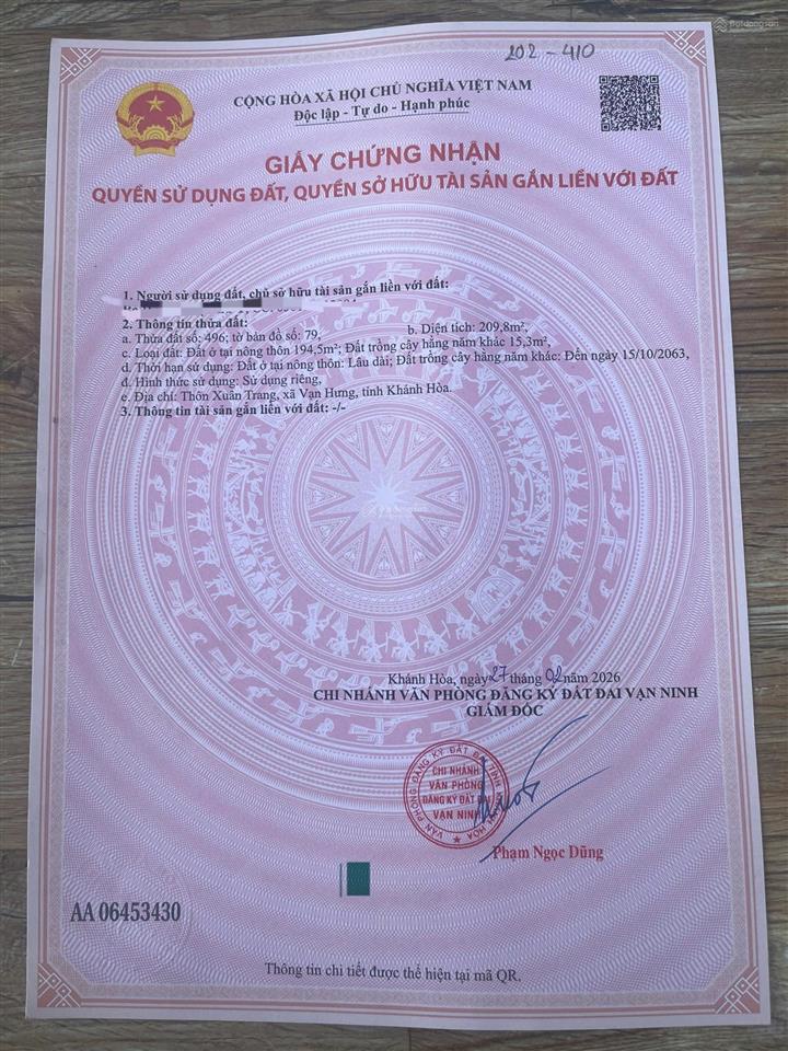 Thôn xuân trang, xã vạn hưng, vạn ninh, khánh hòa. diện tích 209,8 m² (thổ cư 194,5 m² ont)
